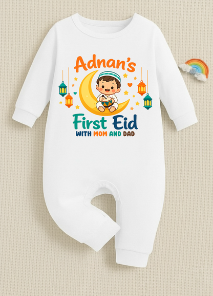 Newborn & Baby Clothing | Baby First Eid With Mom & Dad Romper With Personalized Baby Boy Name | Soft Cotton