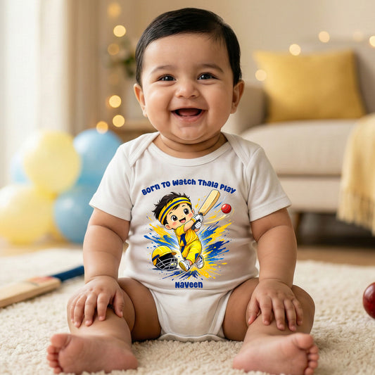 New Born & Baby Clothing | Baby’s CSK Born To Watch Thala Play With Customized Baby Name White Bodysuit  | Soft Cotton
