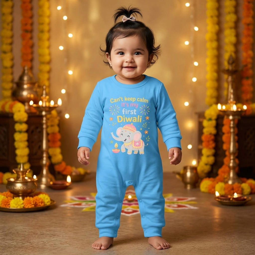Can't Keep Calm It's My First Diwali  _ Full Blue Romper
