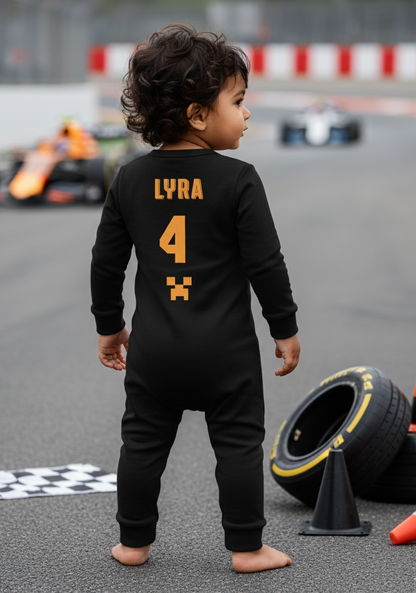 New Born & Baby clothing | Racer Baby Photoshoot Outfit for Baby with Customized Baby Name Printed | Soft Black Full Romper Cotton