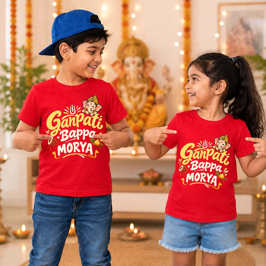 Ganapathi Bappa Moriya Kids Twinning T-Shirt | Ganpati Design Red T-Shirt