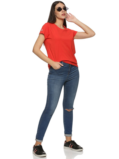 Women Round Neck Basic Organic Cotton Tee Bright Red