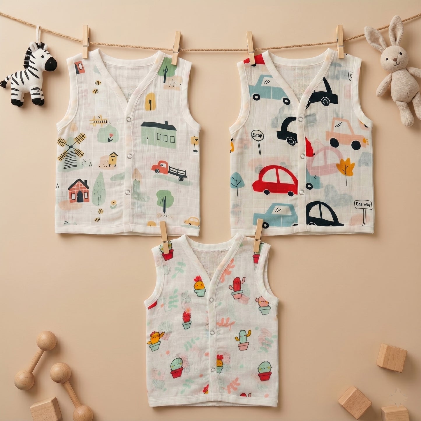 New Born & Baby Clothing | Sleeveless Muslin Baby Dress (0-3 Months) Cute Print Forth Combo | Soft Cotton