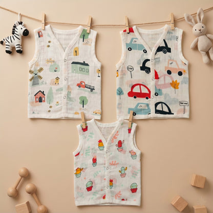 New Born & Baby Clothing | Sleeveless Muslin Baby Dress (0-3 Months) Cute Print Forth Combo | Soft Cotton