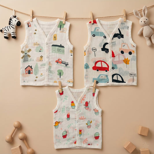 New Born & Baby Clothing | Sleeveless Muslin Baby Dress (0-3 Months) Cute Print Forth Combo | Soft Cotton
