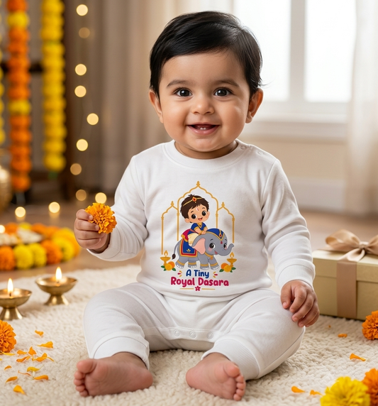 A Tiny Royal Dussehra With Customized Baby Girl Name _ Full White Romper