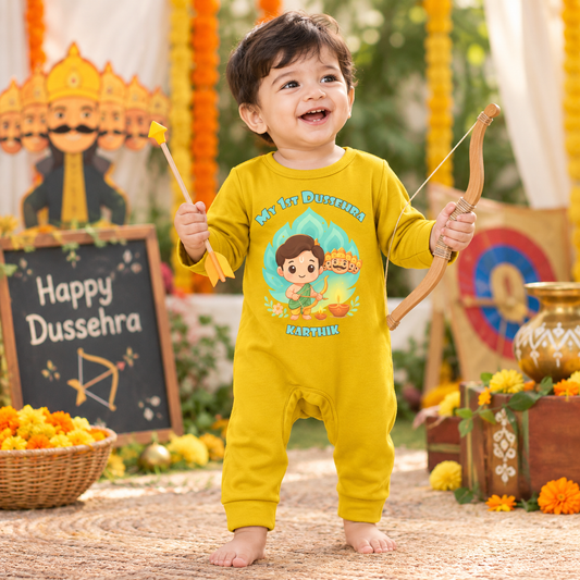 My First Dussehra Romper With Customized Baby Boy Name _ Full Yellow Romper