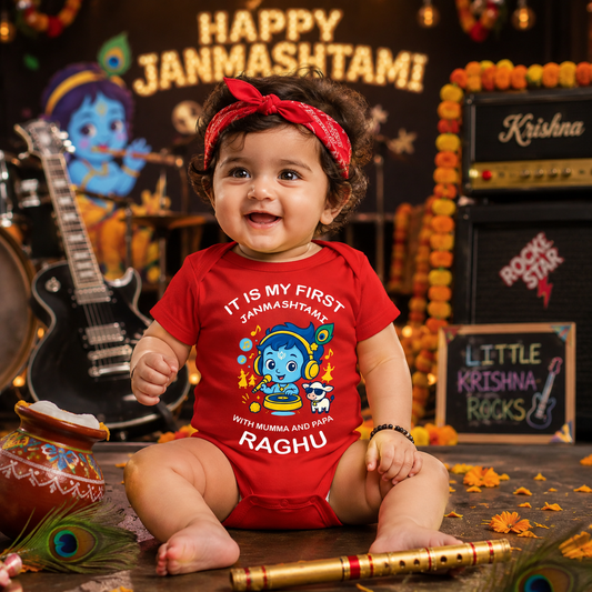 It's My First Janmashtami with Mama & Papa with customised baby name_ Red Onesie