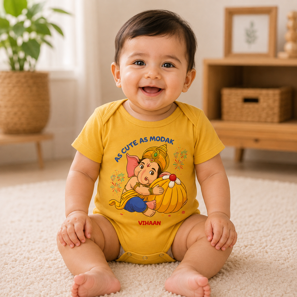 As Cute As Modak with customised name_ Yellow Onesie