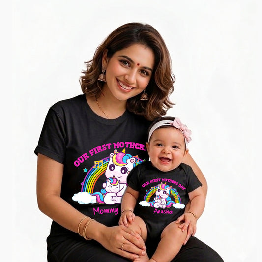 New Born & Baby Clothing | Our First Mother's Day Together With Customized Baby Name Unicorn Black Combo | Soft Cotton
