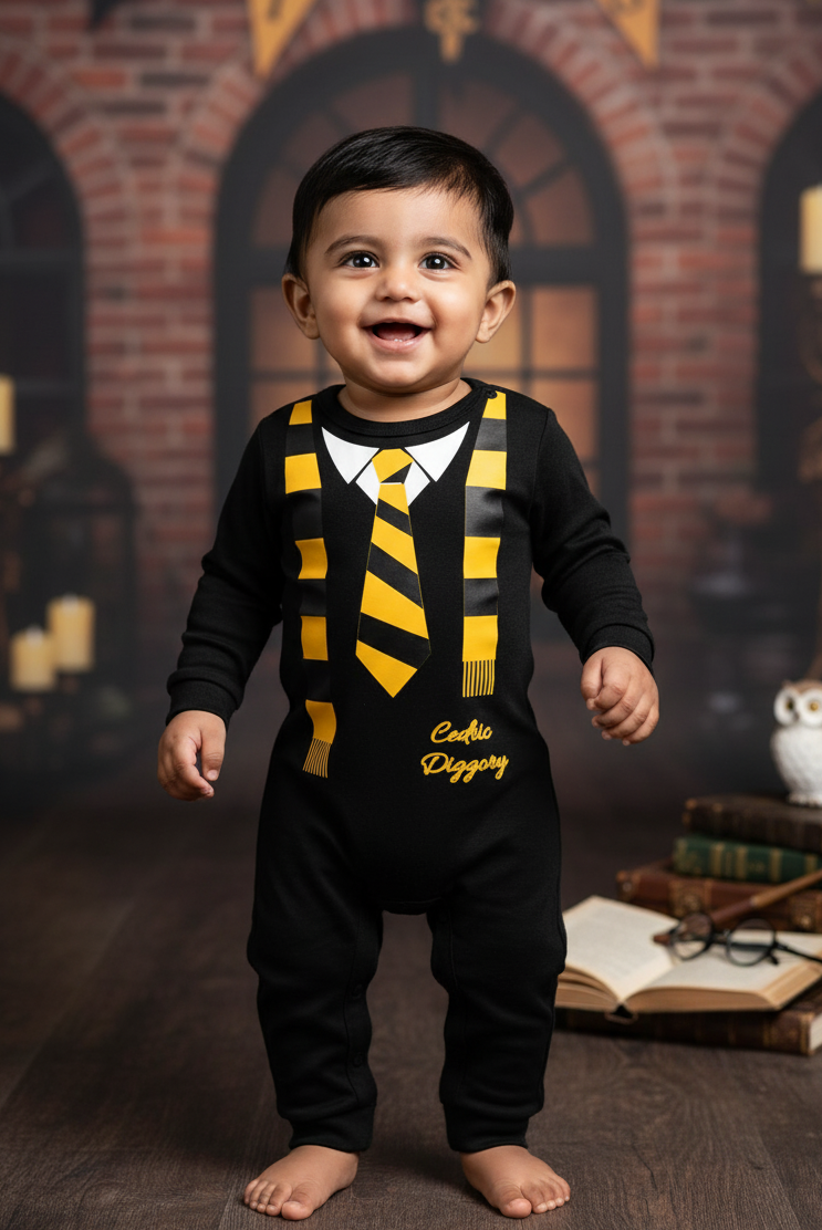 Cute Baby Tiny Hufflepuff Suit Baby Photoshoot Outfit With Customized Baby Name for Newborns & Infants | Soft Black Romper Cotton