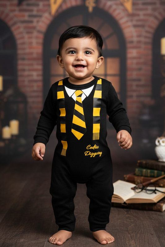 Cute Baby Tiny Hufflepuff Suit Baby Photoshoot Outfit With Customized Baby Name for Newborns & Infants | Soft Black Romper Cotton