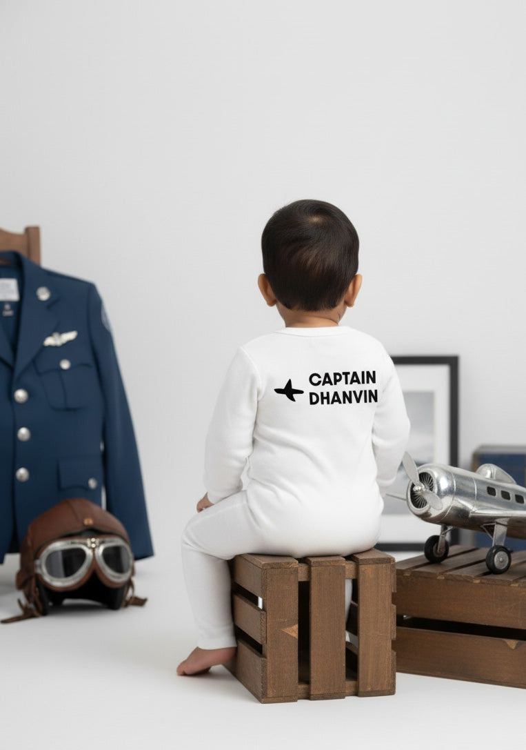 Cute Professional Future Captain Pilot Baby Photoshoot Outfit With Customized Baby Name for Newborns & Infants | Soft Romper Cotton