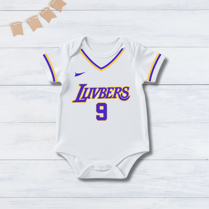 White Basketball Jersey Inspired With Customized Baby Name Bodysuit _ White Bodysuit