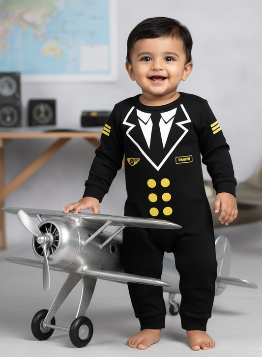 Professional Air Force Captain Romper with customized baby name_ Black Full Romper