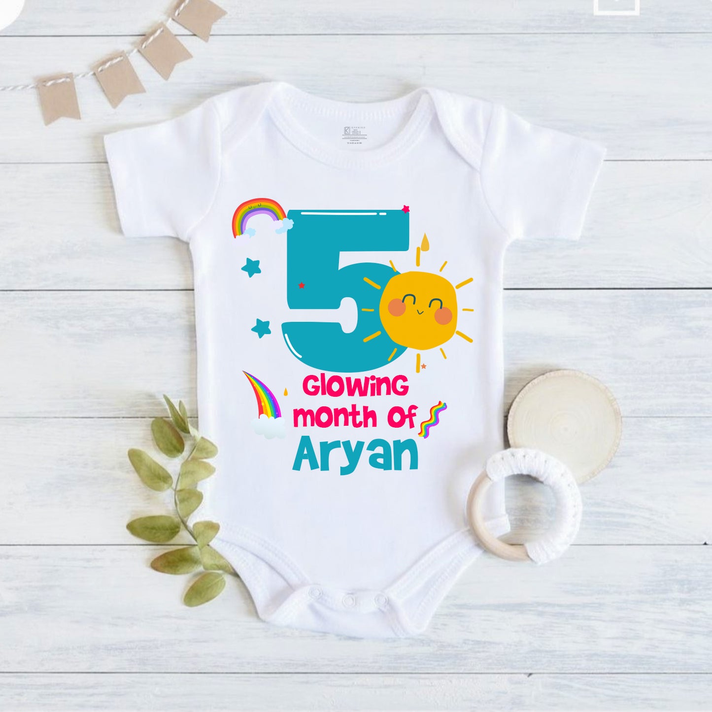 Infant monthly birthday with customized name 12 Months of Love and Happiness onesies