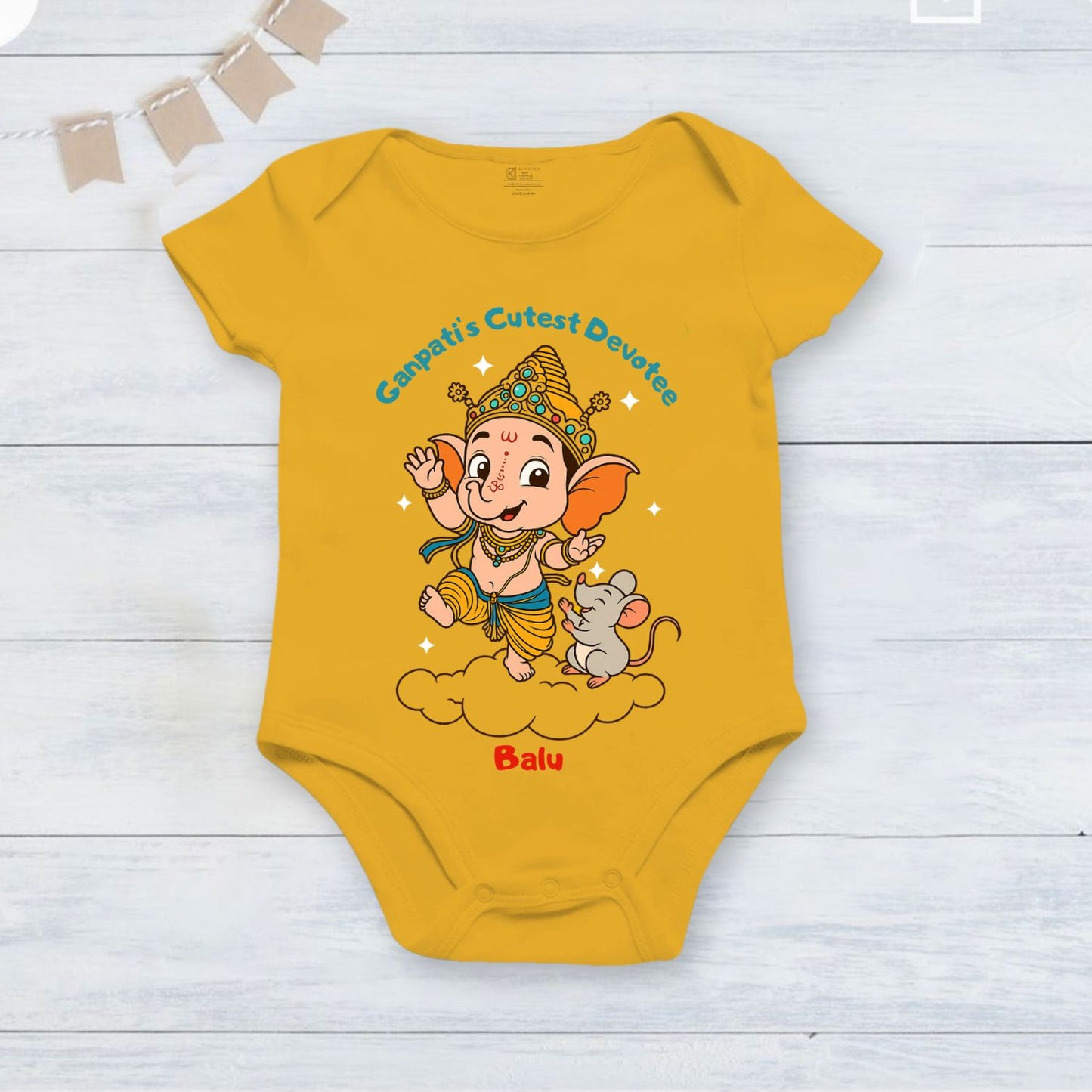 Ganpati's Cutest Devotee with customised name_ Yellow Onesie