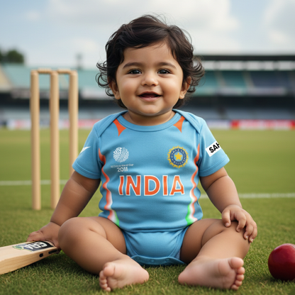 New Born & Baby clothing | Cricketer Baby Photoshoot Outfit for Baby with Customized Baby Name Printed | Soft Blue jersey Cotton