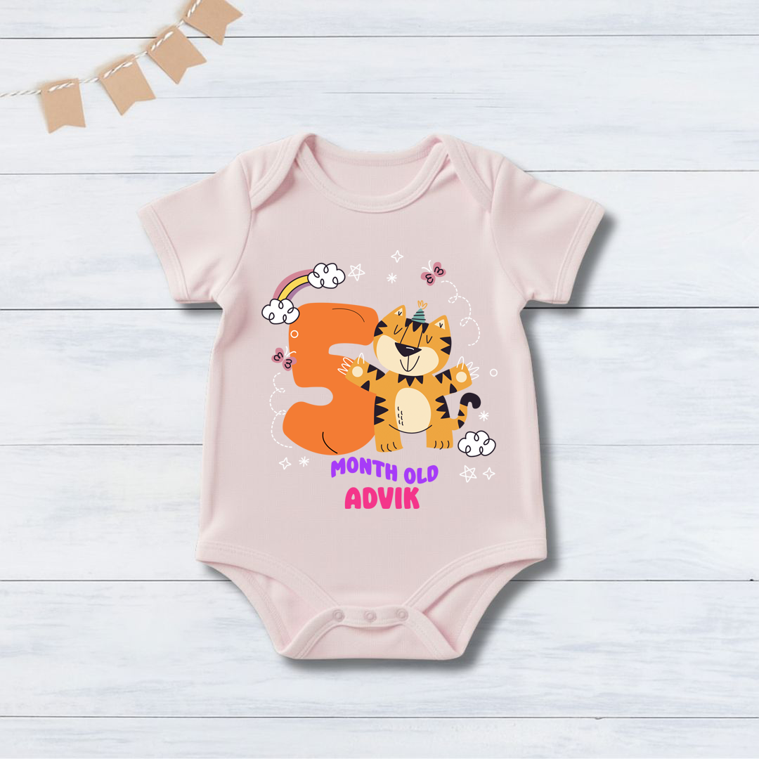 5th Infant monthly birthday Months of Baby Tiger _ Customized name Pink Onesie