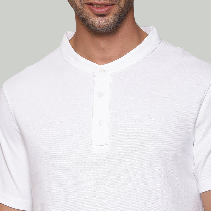 Men White Mandarin Collar Organic Cotton T-Shirt