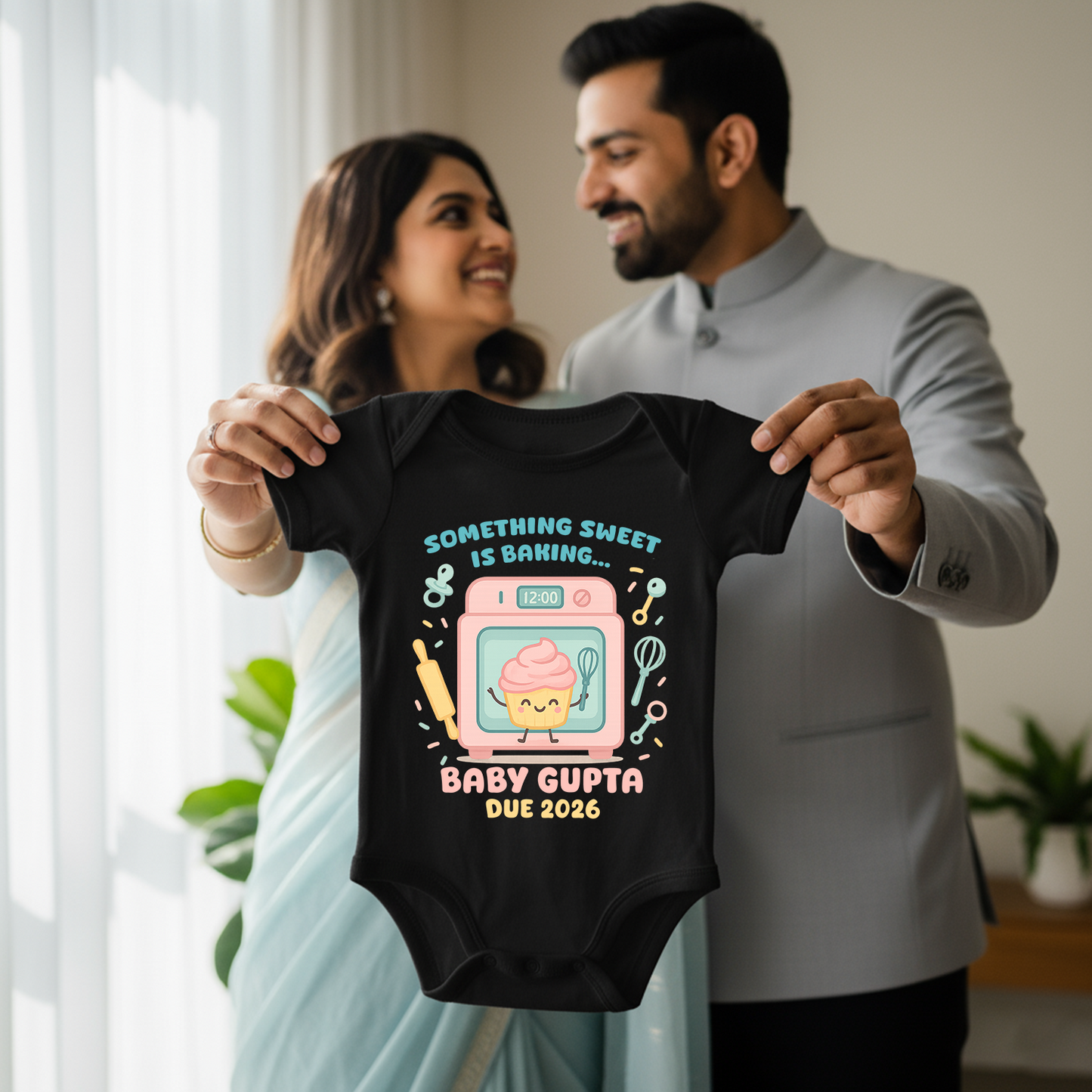 Something Sweet Is Baking... Baby Gupta Due 2026 With Customized Surname infant onesie_ Black