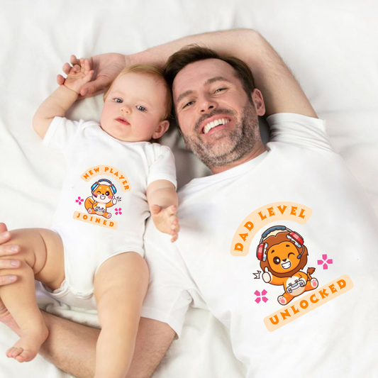 Father's Day Twinning Sets New Player Joined, Dad level unlocked T-shirt and onesie _white