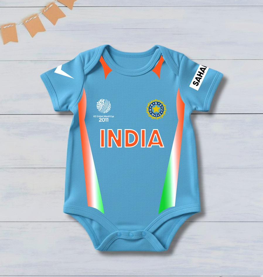 New Born & Baby clothing | Cricketer Baby Photoshoot Outfit for Baby with Customized Baby Name Printed | Soft Blue jersey Cotton