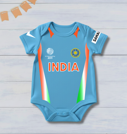 New Born & Baby clothing | Cricketer Baby Photoshoot Outfit for Baby with Customized Baby Name Printed | Soft Blue jersey Cotton