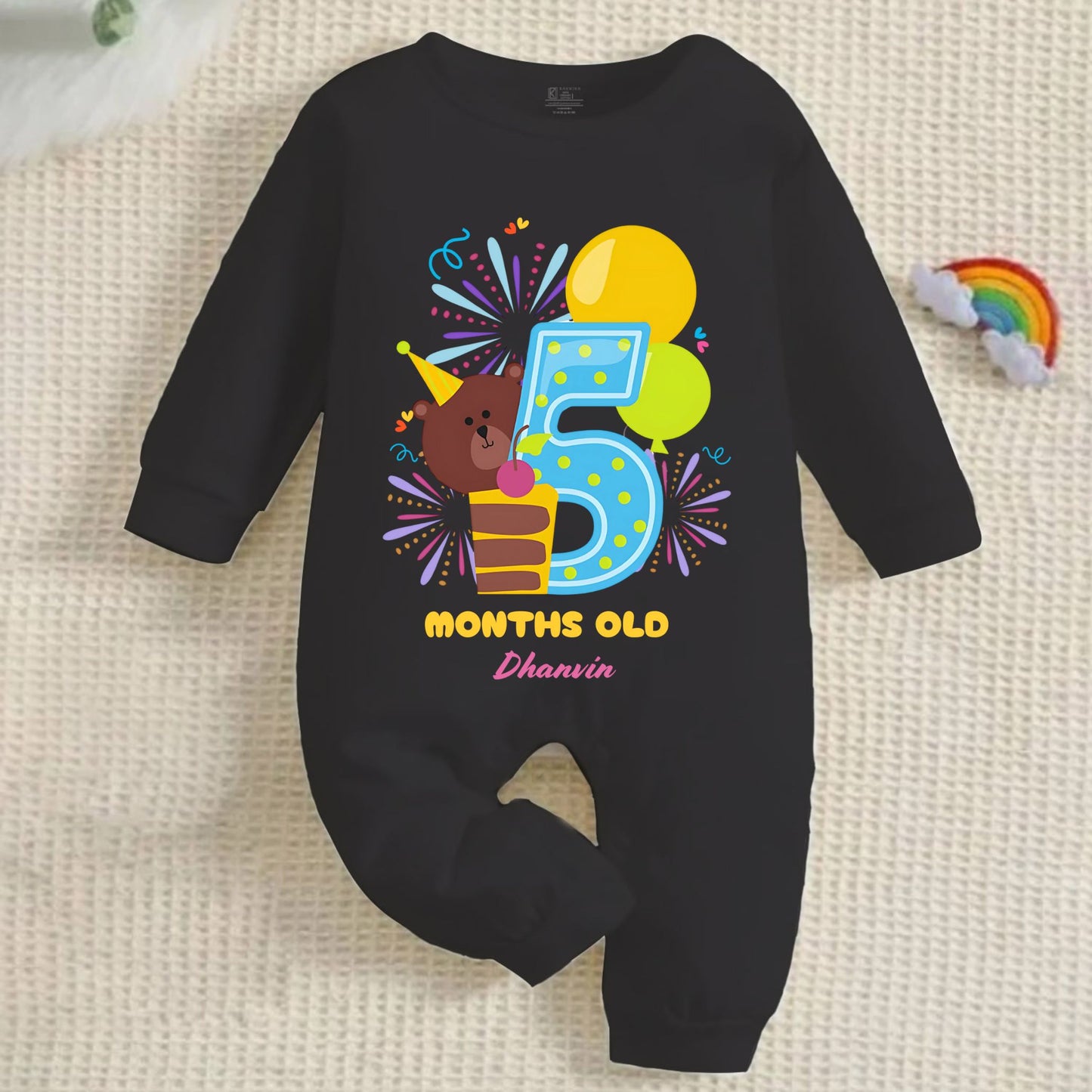 Infant monthly birthday 12 Months of Love Full Black Onesie with customised baby name