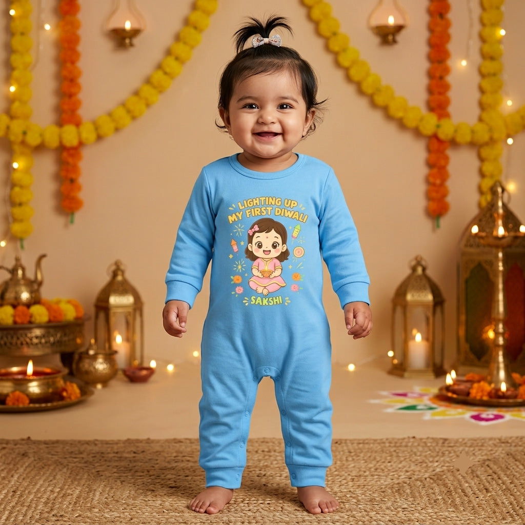 Lighting Up My First Diwali  With Customized Baby Girl Name _ Full Blue Romper