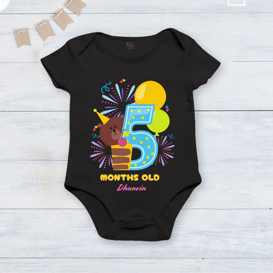 5th Infant monthly birthday_ With Customized Baby  Name Stylish Black Onesie