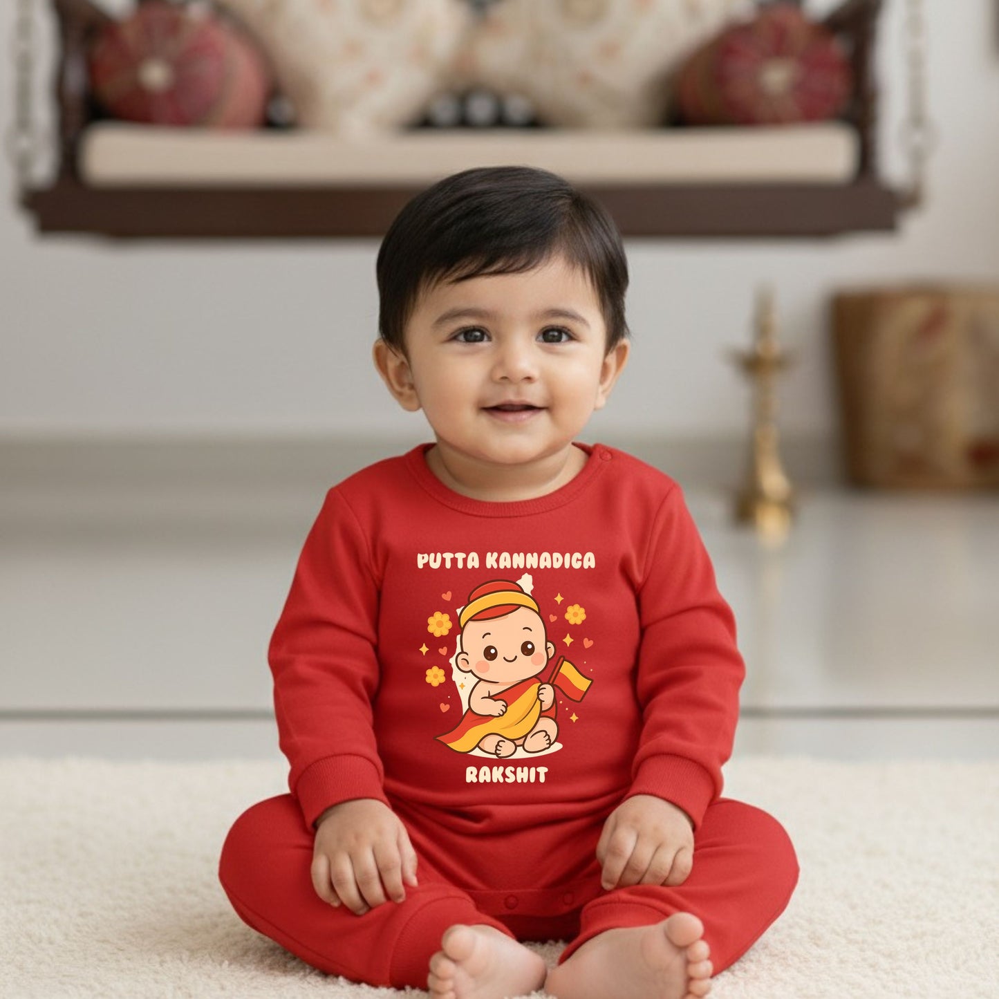 Putta Kaanadiga  With Customized Baby Name _ Red Full Romper