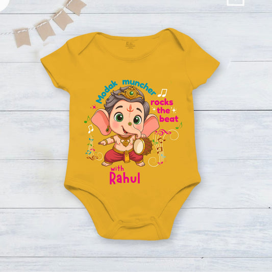 Modak Muncher Rocks The Beat with customised name_ Yellow Onesie