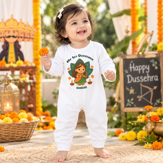 My First Dussehra Romper With Customized Baby Girl Name _ Full White Romper