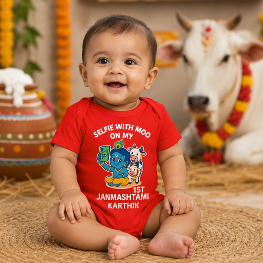 My First Janmashtami with customised baby name_ Red Onesie
