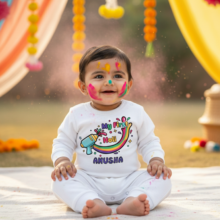Baby wearing a 'My First Holi' outfit  