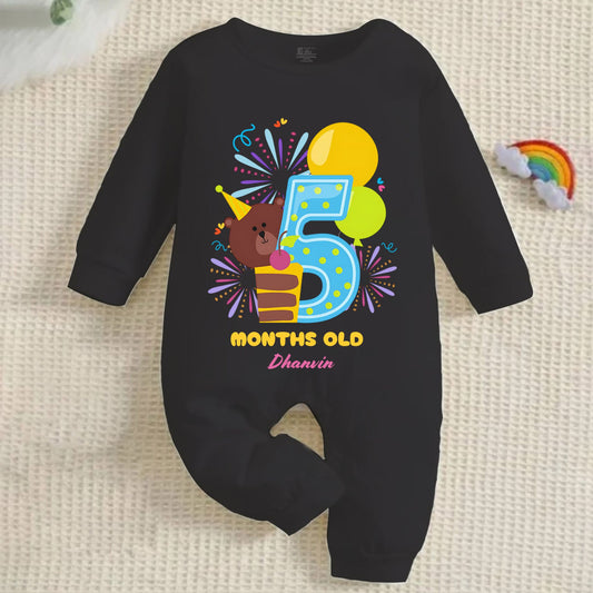 5th Infant monthly birthday Months of Love Full Black Onesie with customized baby name