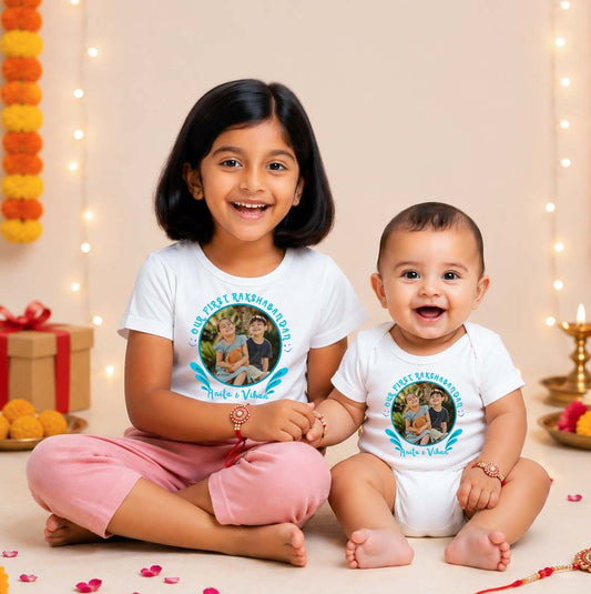 Combo pack of Our First Raksha Bandhan with Customised Name _ White Tees & Onesie