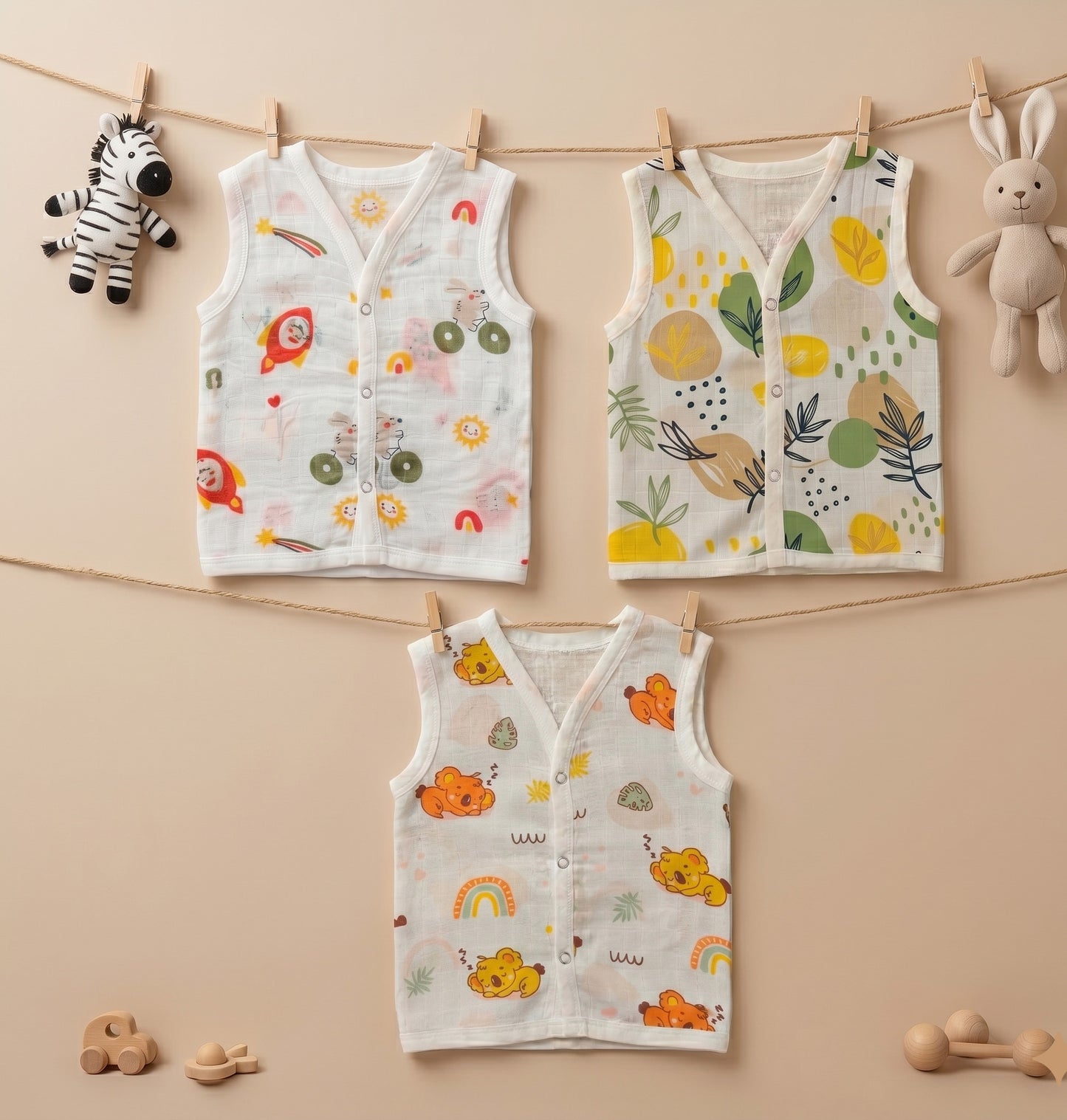 New Born & Baby Clothing | Sleeveless Muslin Baby Dress (0-3 Months) Cute Print Sixth Combo | Soft Cotton