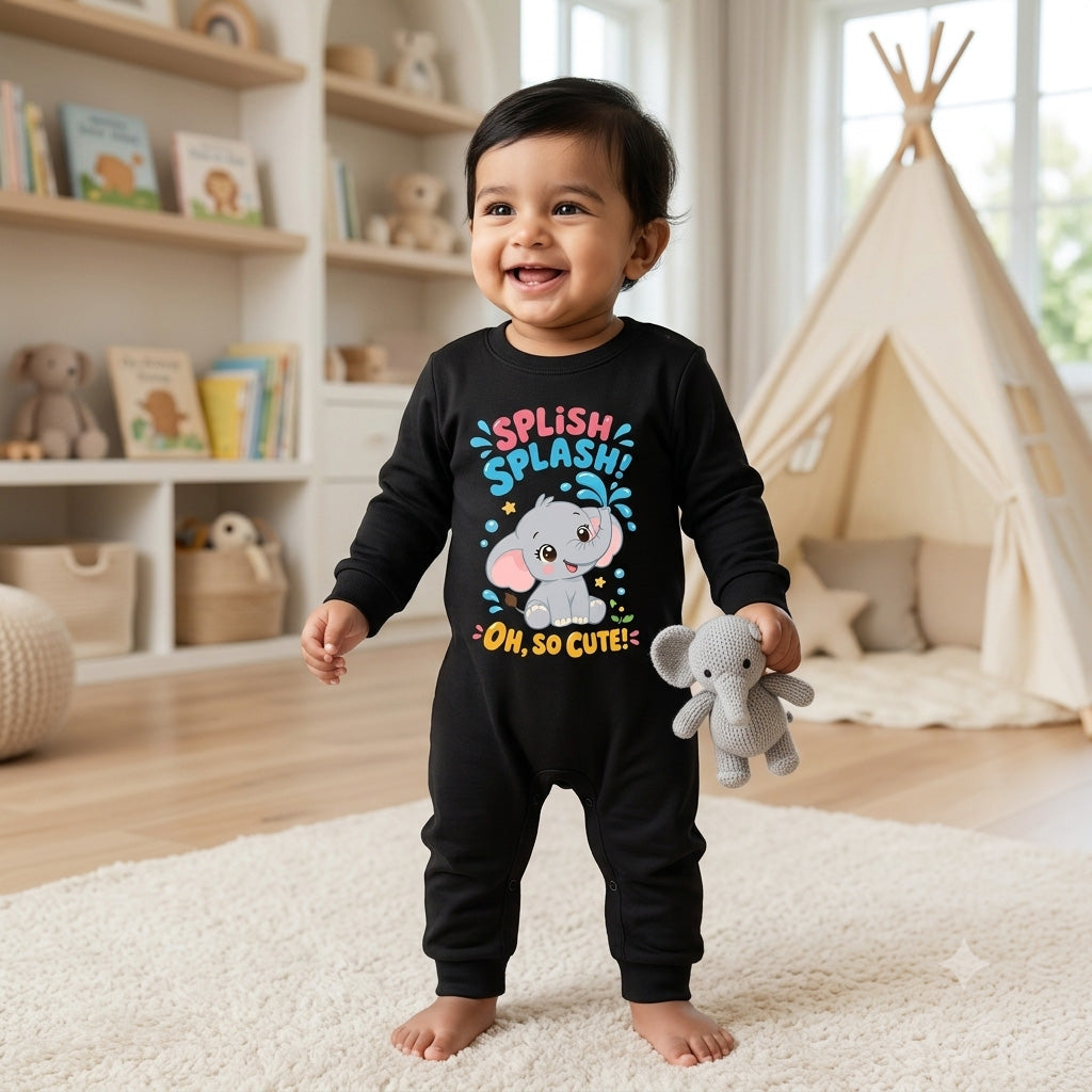 Karmikh Baby Romper | Karmikh Splish Splash Elephant Baby Romper | Black Full Romper