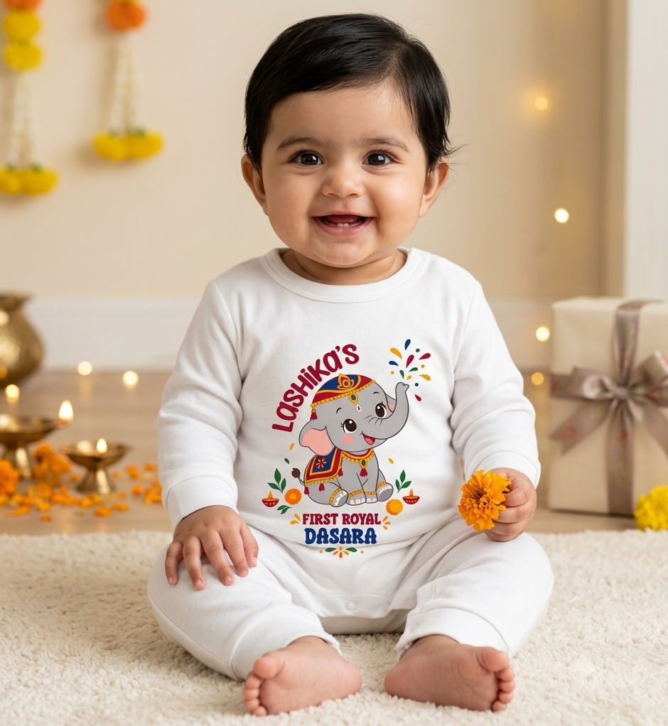 First Royal Dasara With Customized Baby Name _ Full White Romper