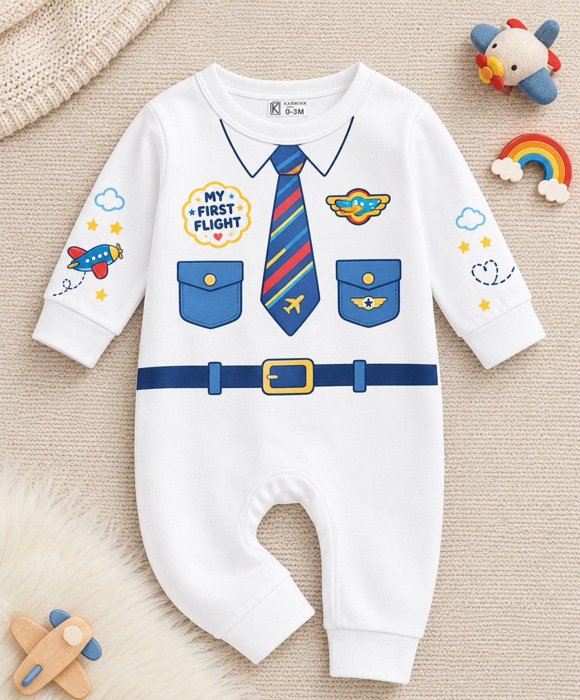 Karmikh Little Pilot Baby Romper | My First Flight Airplane Uniform Print Full Sleeve Cotton Onesie for Newborn Boys & Girls | Cute Aviation-Themed Baby Outfit | Sizes 0–3M to 9–12M