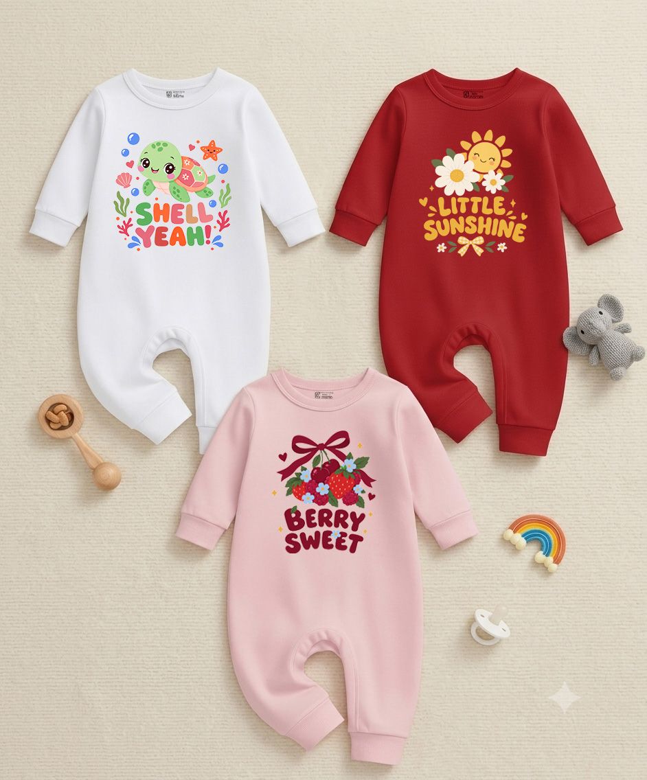 Karmikh Baby Romper Combo of 3 for Boys & Girls | Shell Yeah, Little Sunshine & Berry Sweet | Full Sleeve Printed Baby Rompers | Sizes 0–3M to 9–12M (Copy)