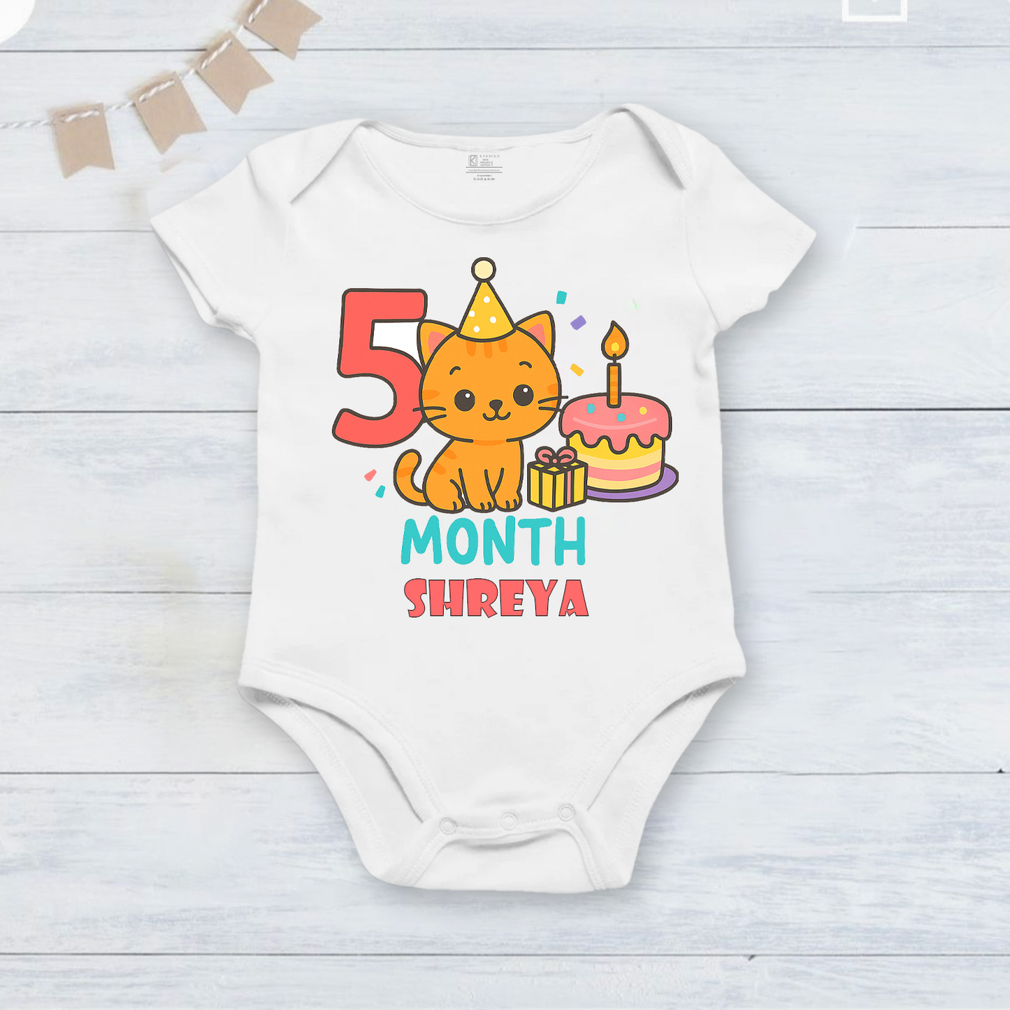 Infant monthly birthday 12 Months of Love cute cat design_ Customized name White Onesie