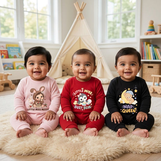 Karmikh Baby Romper Combo of 3 | Little Miss Messy, Little Miss Busy Beak & Nap Queen | Full Sleeve Baby Rompers