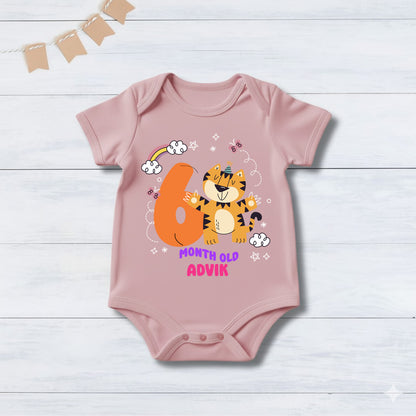 Infant monthly birthday 12 Months of Baby Tiger _ Customized name Pink Onesie