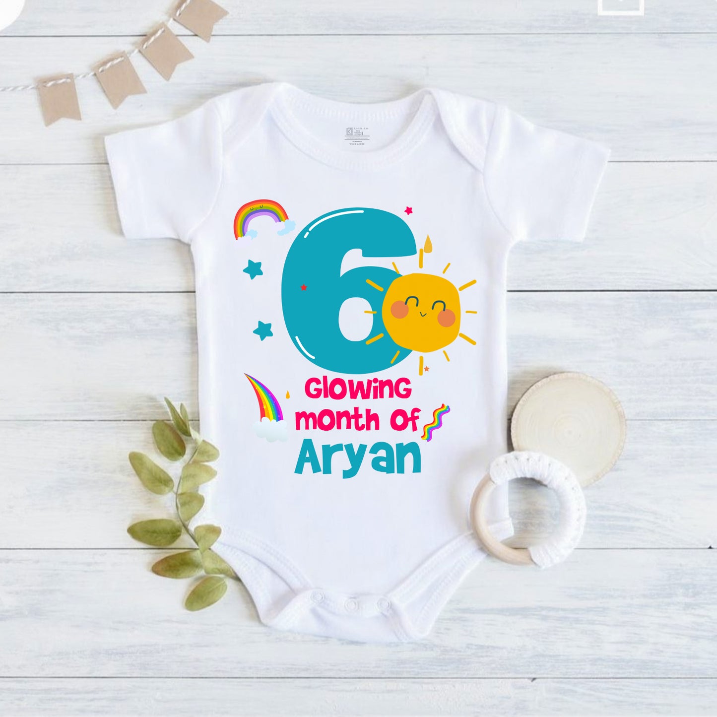Infant monthly birthday with customized name 12 Months of Love and Happiness onesies