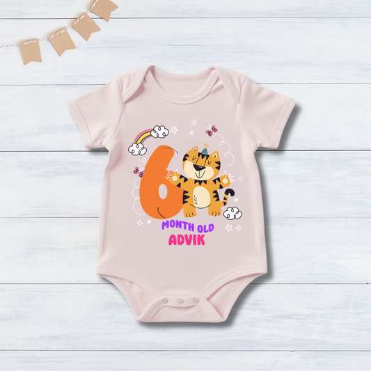 6th Infant monthly birthday Months of Baby Tiger _ Customized name Pink Onesie