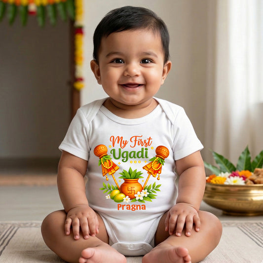 Newborn & Baby Clothing | Baby My First Ugadi White Dress With Personalized Name | Soft Cotton