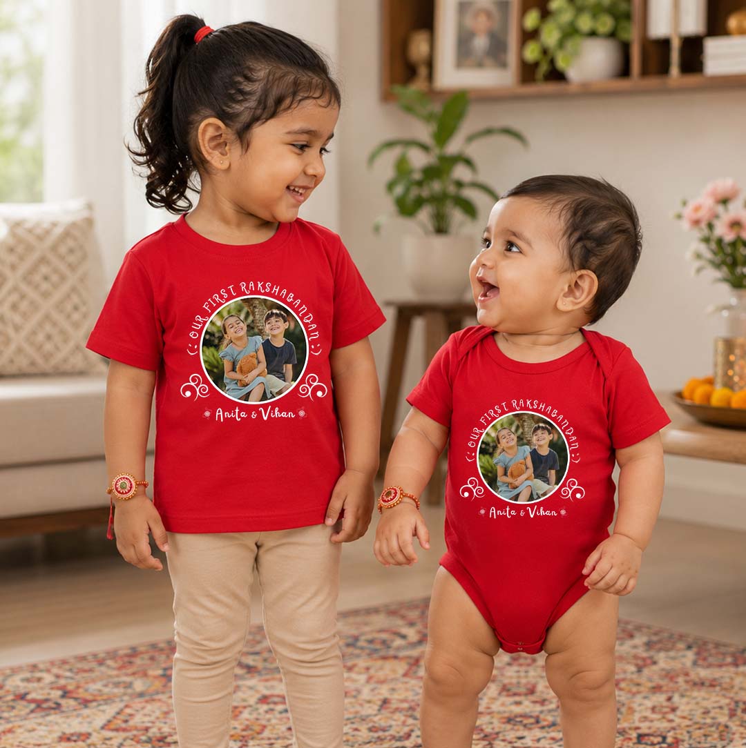 Combo pack of Big Sister, Little Sister with Customised Name and picture_ Red Tees & Romper